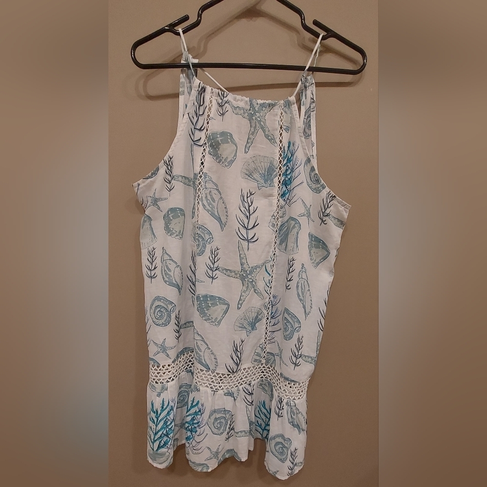 Blue and White Cut Out Tank Top Swim Coverup